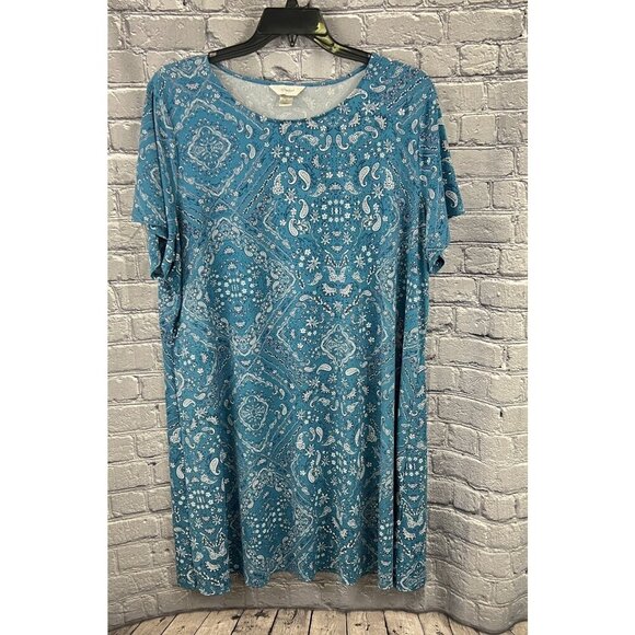 CJ Banks Blue Paisley Round-Neck Short Sleeve  Shift Dress - Women's 2X - Picture 1 of 6